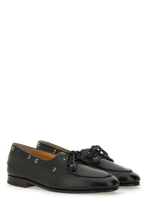Bally men’s moccasin pathy black black leather lace-up loafers with gold-toned eyelets and polished finish