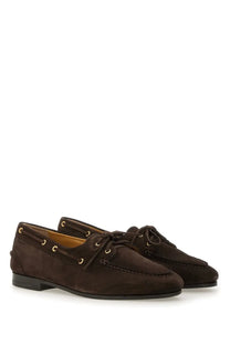 Brown suede loafers with gold-tone eyelets and laces in Bally men’s moccasin pathy brown design