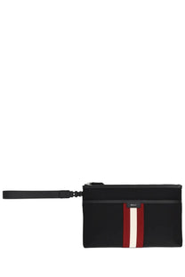 Bally men’s pochette code black bally clutch in black leather with bold red and white striped accent down the center