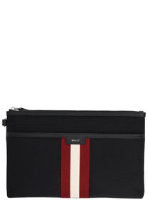 Bally men’s pochette code black bally clutch in black leather with a bold red and white vertical stripe down center