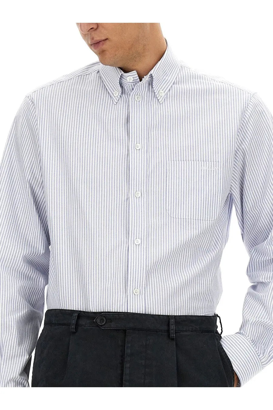 Bally men’s shirt blue crisp white and light blue vertical striped button-down shirt with classic collar