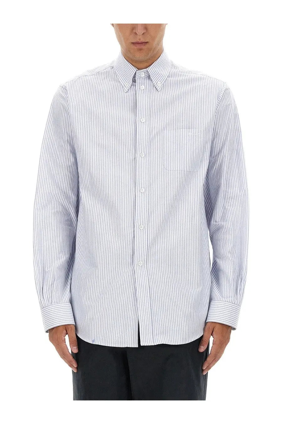 Bally men’s shirt blue featuring a crisp white and navy blue vertically striped button-down classic collar design
