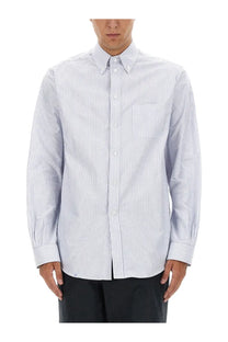 Bally men’s shirt blue featuring a crisp white and navy blue vertically striped button-down classic collar design