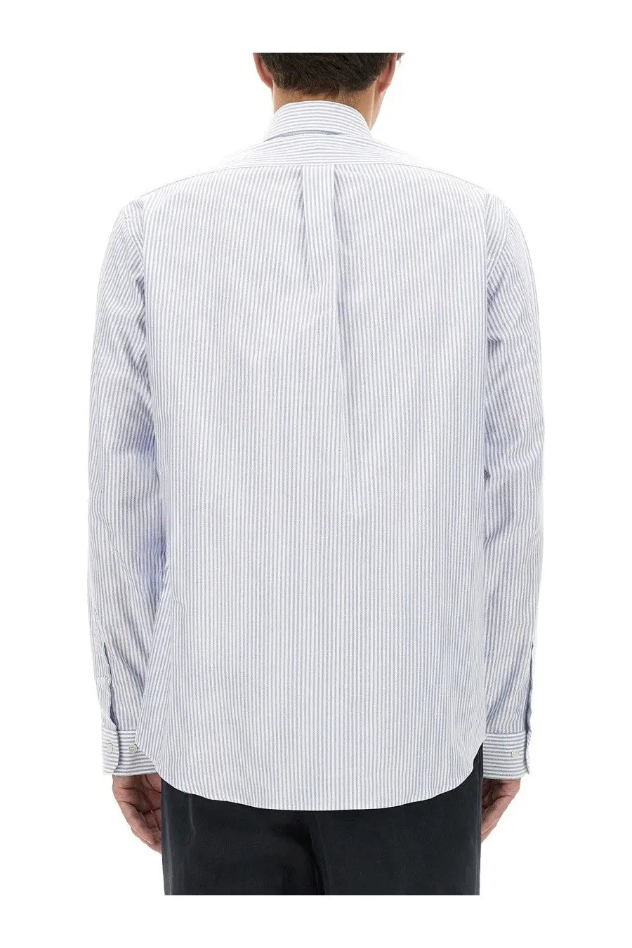 Bally men’s shirt blue featuring a crisp white and navy blue vertically striped long-sleeved classic collar design