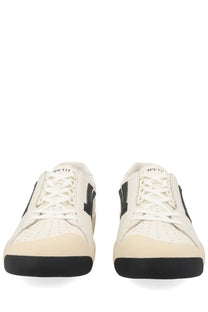 Bally men’s sneaker competition white cream leather sneakers with black accents and bold logo on the side