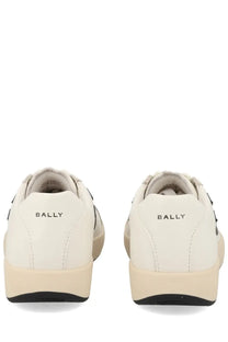 Bally men’s sneaker competition white leather sneakers with beige rubber sole and black accents front view