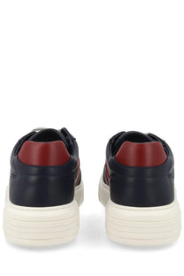 Navy blue and burgundy leather bally men’s sneaker lift black with thick white rubber sole
