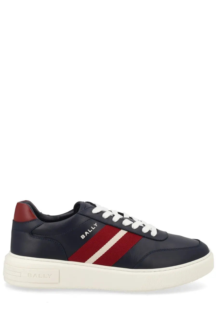 Bally men’s sneaker lift black navy blue leather sneaker with red white striped accents and cream rubber sole