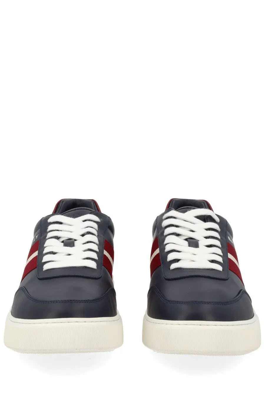 Bally men’s sneaker lift black navy blue leather sneakers with red and white side stripes and white rubber sole