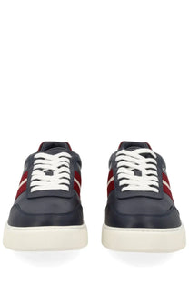 Bally men’s sneaker lift black navy blue leather sneakers with red and white side stripes and white rubber sole