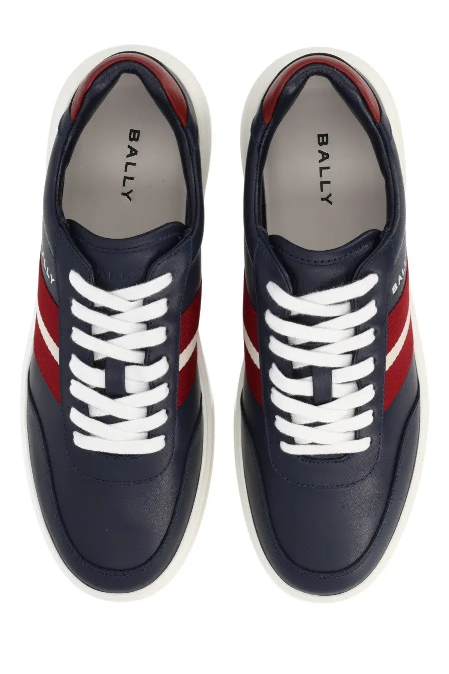 Navy blue leather bally men’s sneaker lift with red and white stripes and white rubber sole and bally insole branding