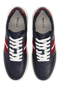 Navy blue leather bally men’s sneaker lift with red and white stripes and white rubber sole and bally insole branding
