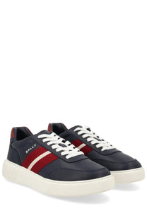Bally men’s sneaker lift black with navy blue and red stripes white laces and cream-colored sole front view