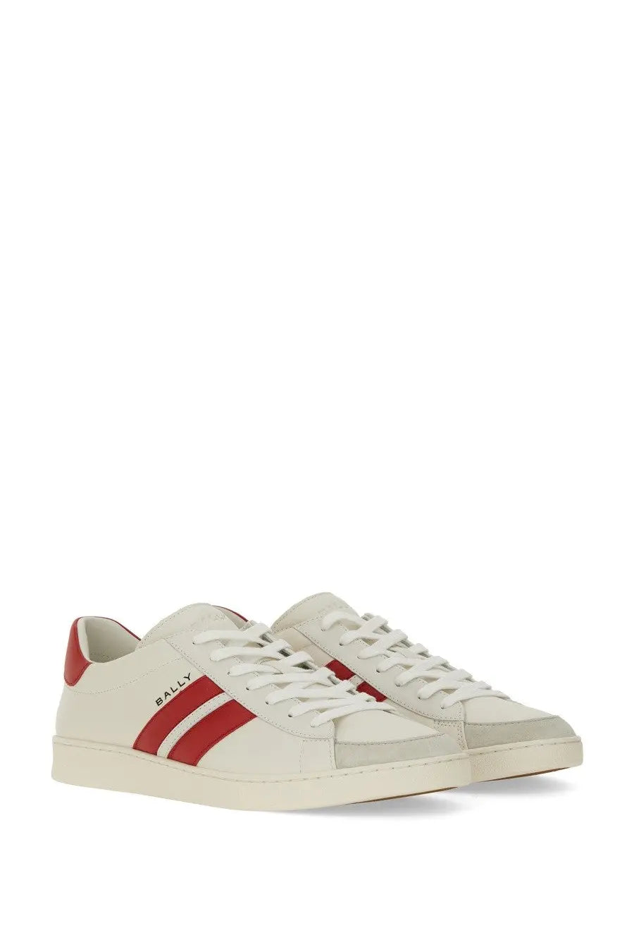 Cream-colored bally men’s tyger sneaker white with bold red stripes and matching heel accents in leather and fabric
