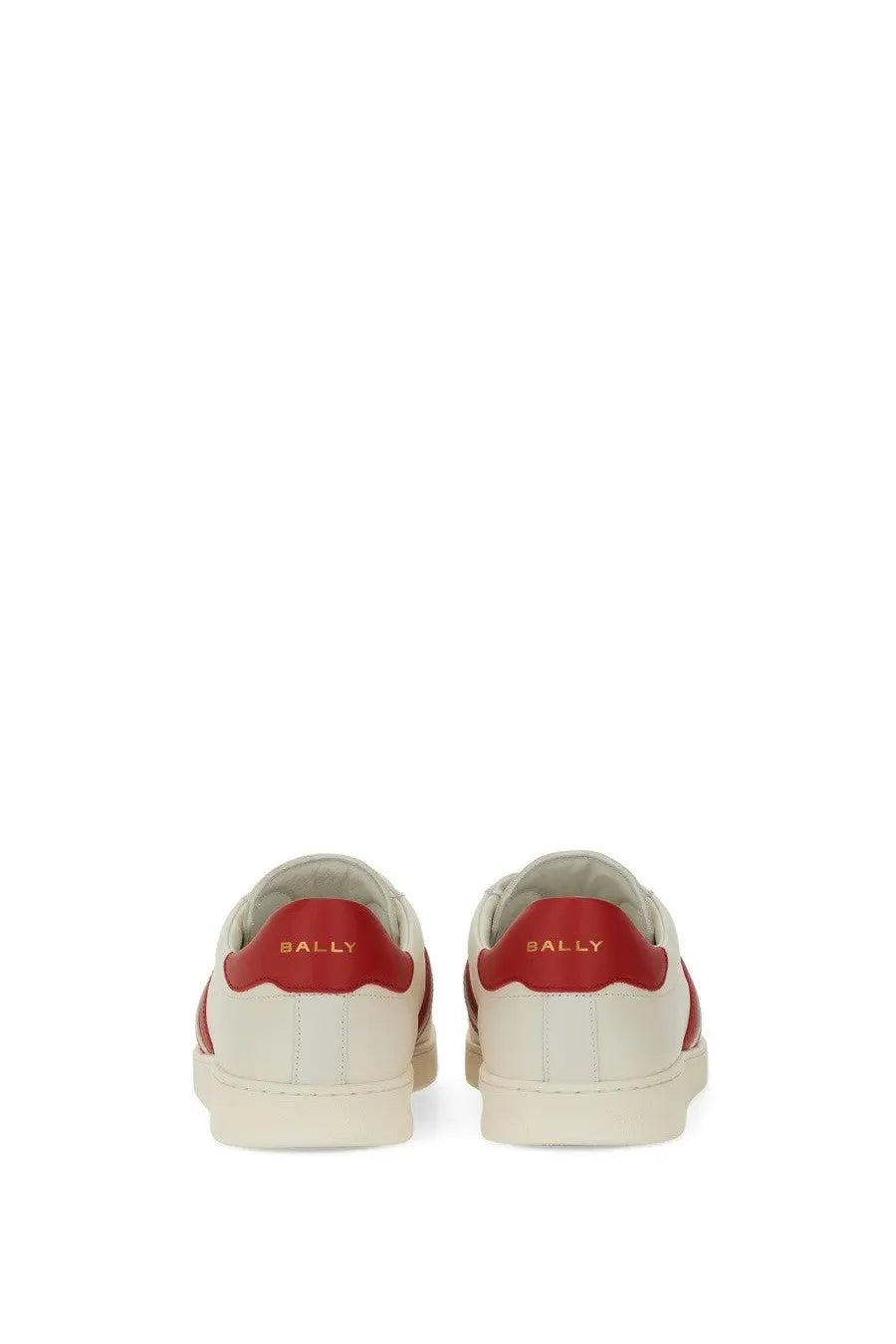 Cream-colored bally men’s tyger sneaker with red leather accents and gold branding on the heel back side