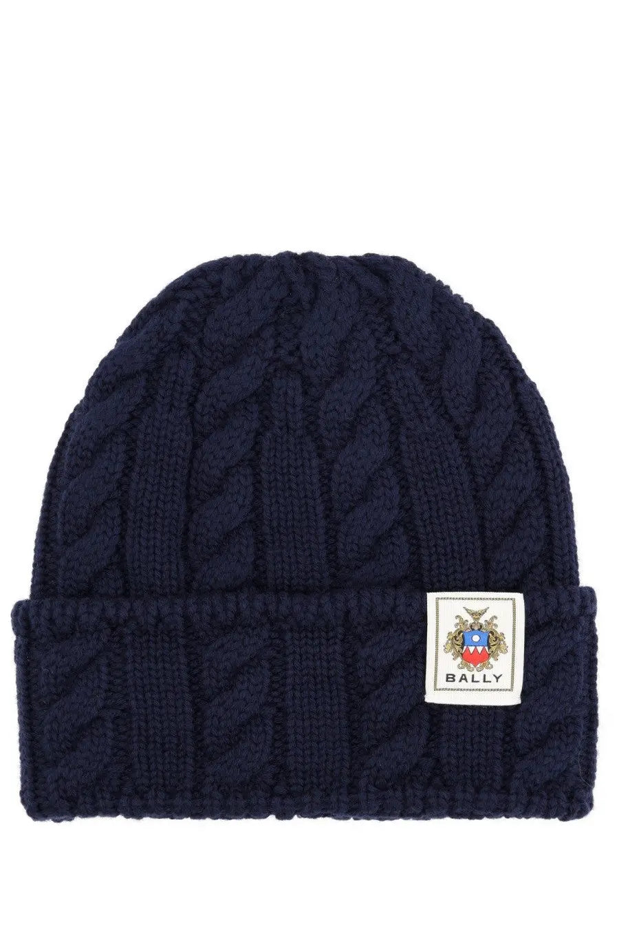 Navy blue cable-knit wool beanie with folded brim and white Bally logo patch for men