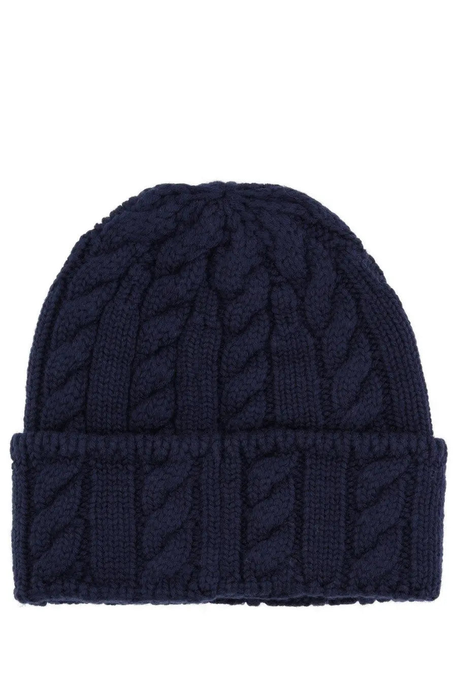 Navy blue cable-knit wool beanie with folded brim from Bally men’s winter cap collection