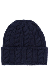 Navy blue cable-knit wool beanie with folded brim from Bally men’s winter cap collection