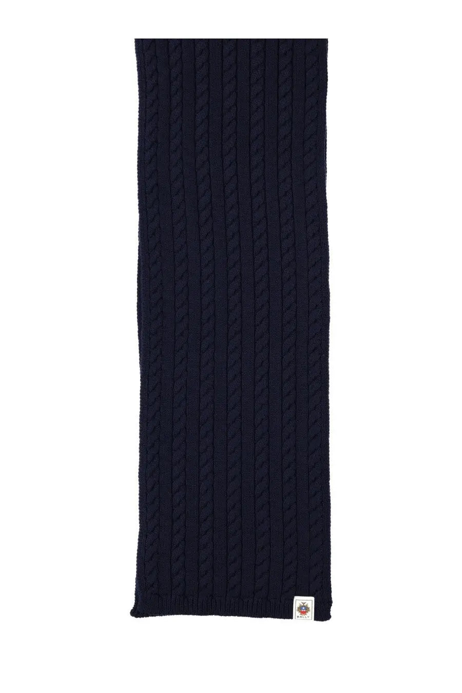 A navy blue wool Bally men’s scarf with cable knit texture ribbed pattern and a small white label at the corner