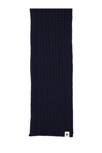 A navy blue wool Bally men’s scarf with cable knit texture ribbed pattern and a small white label at the corner