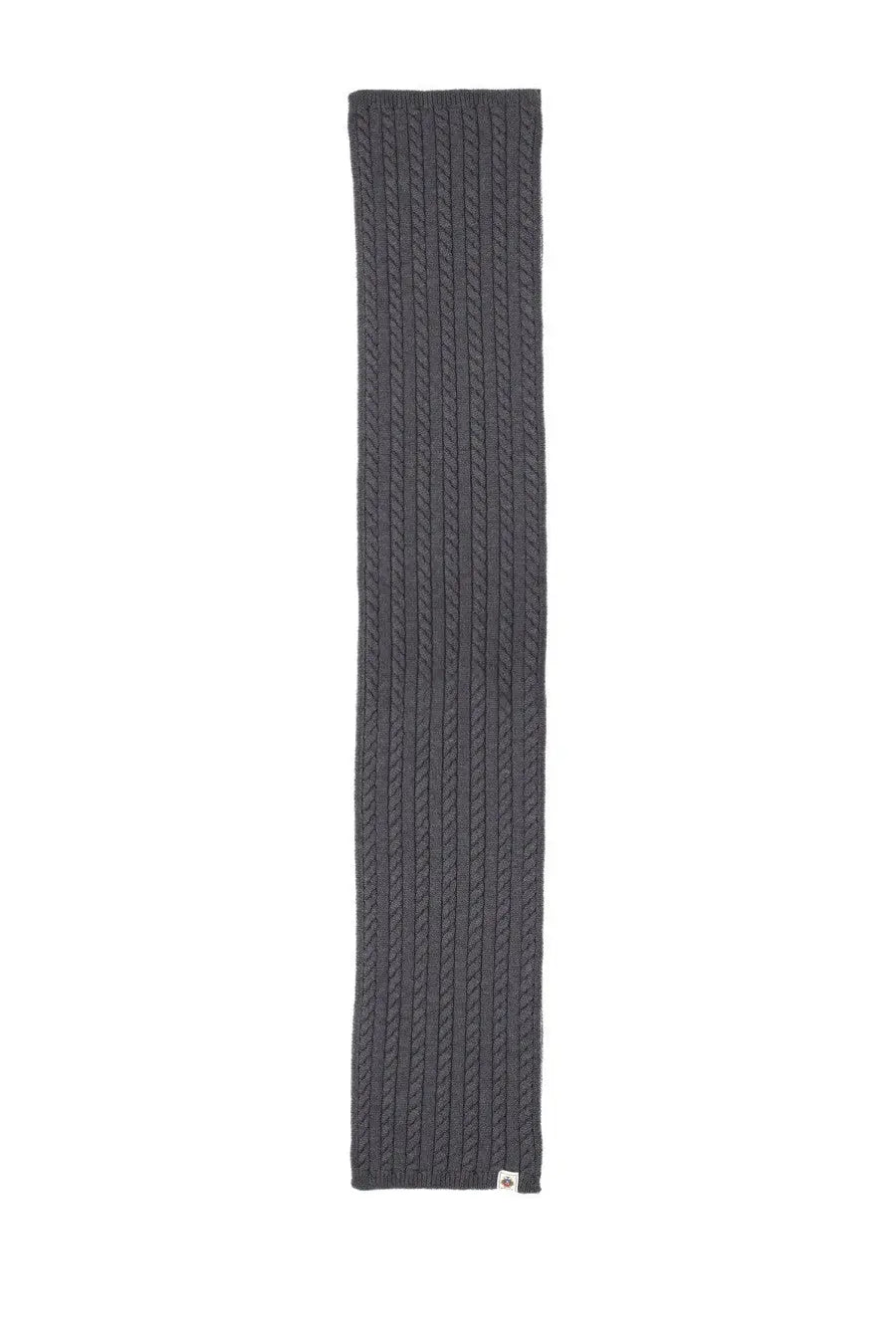 Bally men’s dark gray wool scarf with ribbed knit and textured cable pattern featuring a small white tag at the bottom