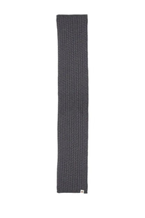 Bally men’s dark gray wool scarf with ribbed knit and textured cable pattern featuring a small white tag at the bottom