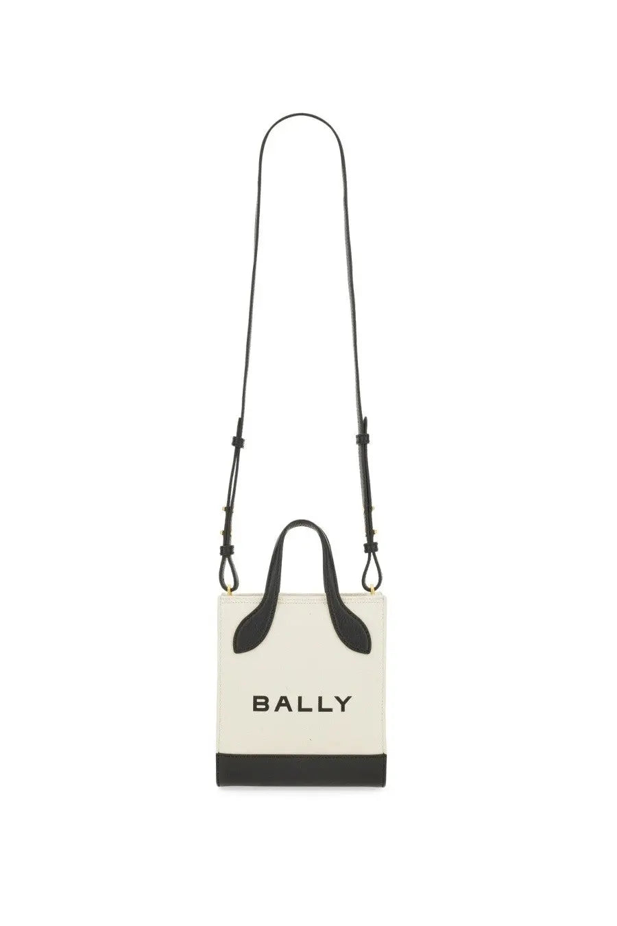Bally women’s bag white cream canvas mini tote with black leather handles and base featuring bold black logo
