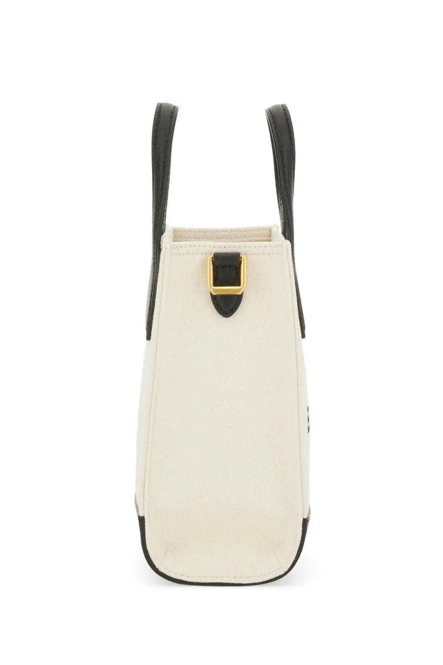 Bally women’s cream canvas tote bag with black leather handles trim and gold-tone metal clasp in white color