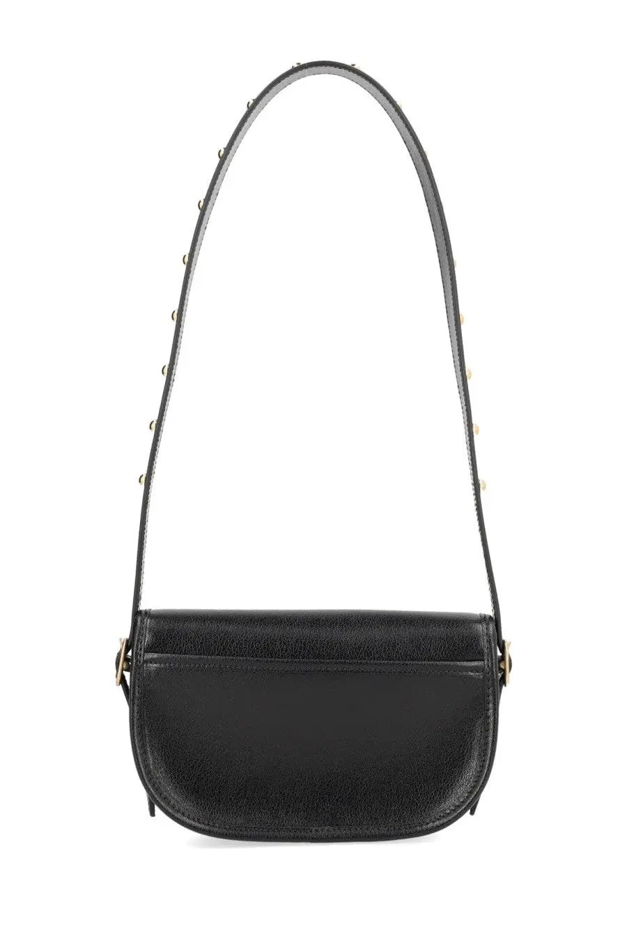 Bally women’s Beckett black leather crossbody bag with gold-tone studs and matching hardware on the strap
