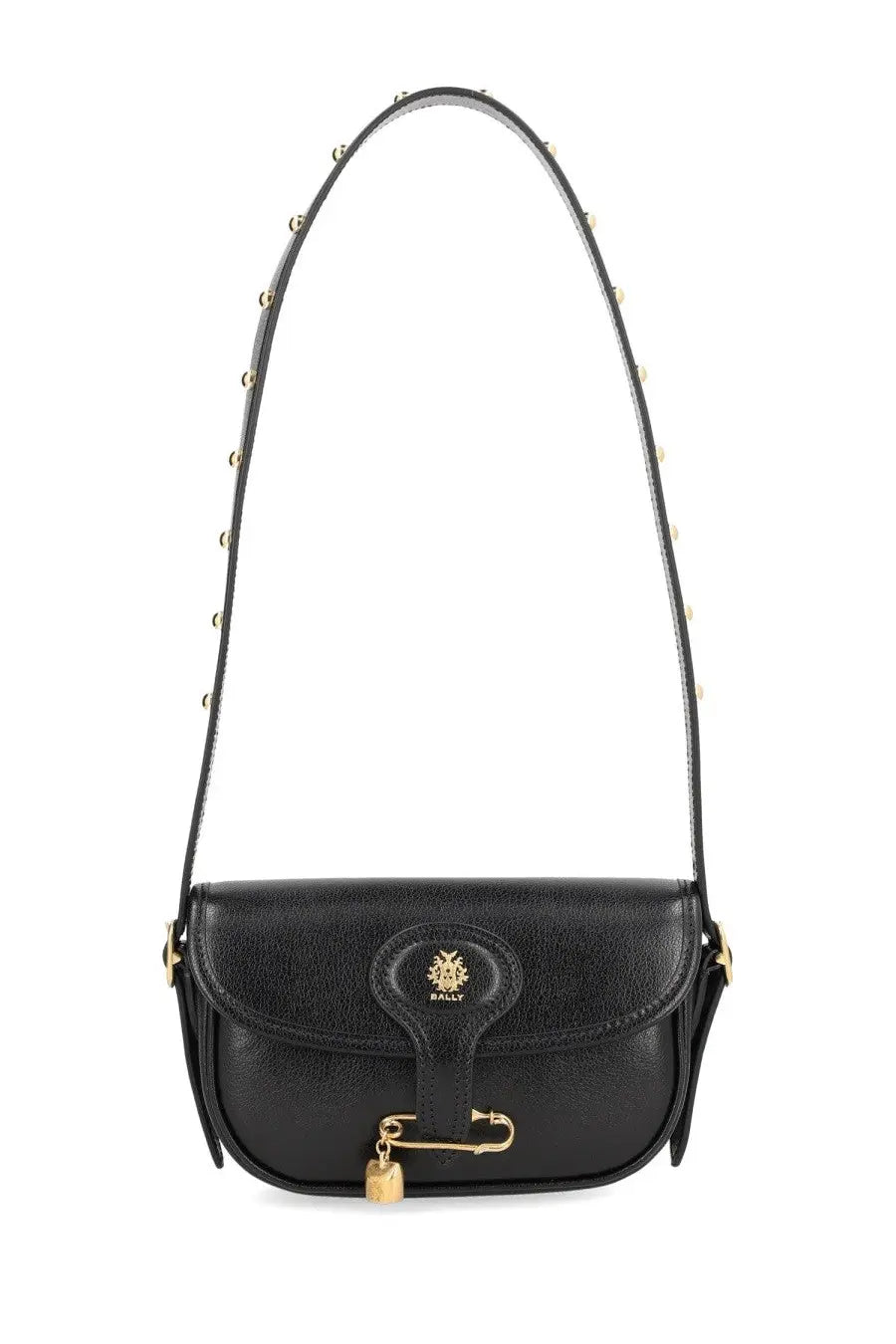 Bally women’s Beckett black leather crossbody bag with gold-tone hardware and studded strap