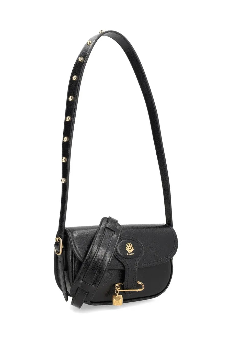 Bally women’s Beckett black leather crossbody bag with gold-tone studs and distinctive safety pin clasp