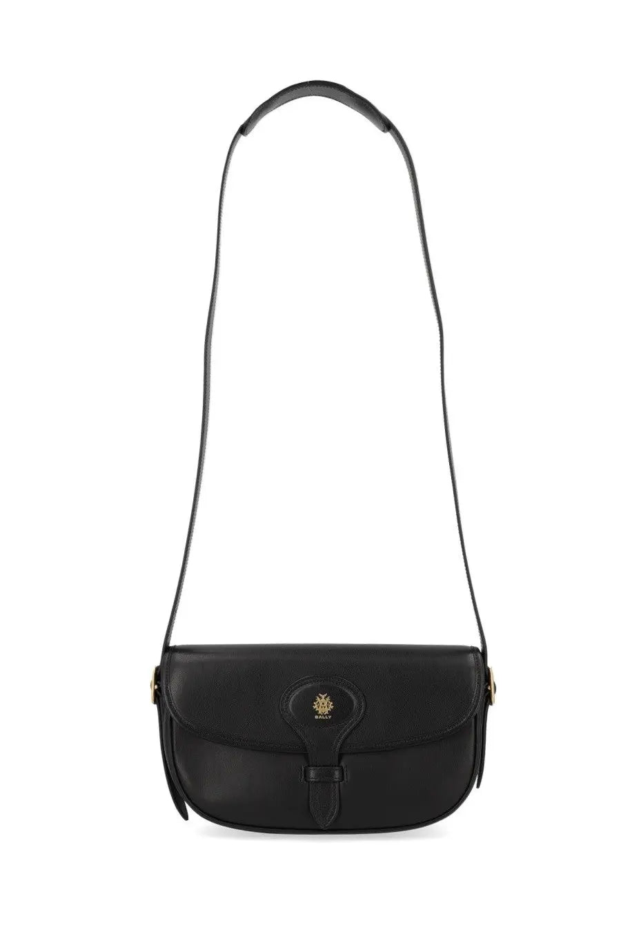 Black leather bally women’s beckhett saddle bag with gold-tone hardware and central logo plaque