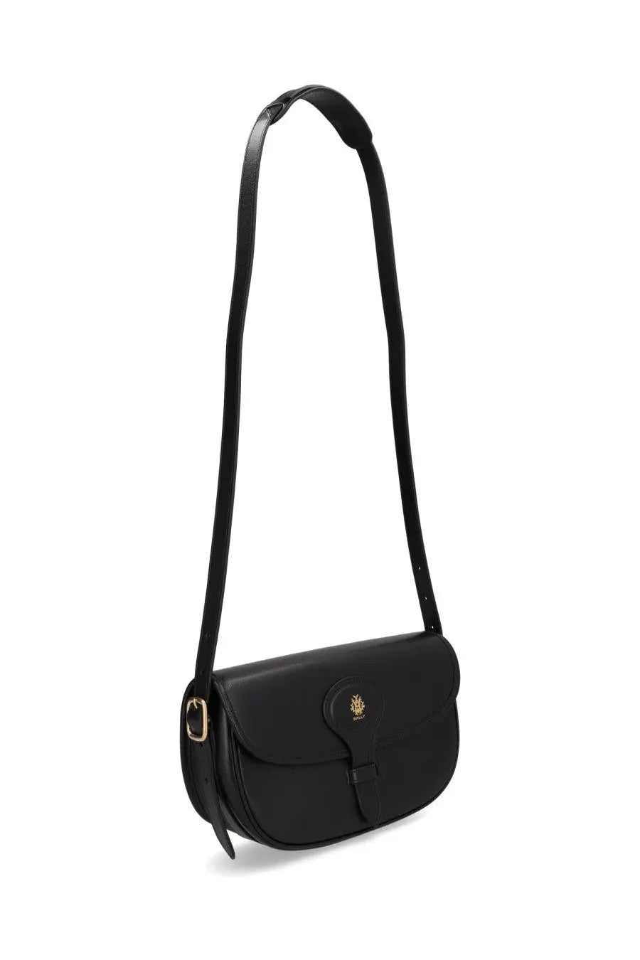 Black leather saddle bag with gold-tone logo plaque and buckle from Bally women’s Beckhett bag collection