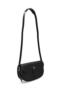 Black leather saddle bag with gold-tone logo plaque and buckle from Bally women’s Beckhett bag collection