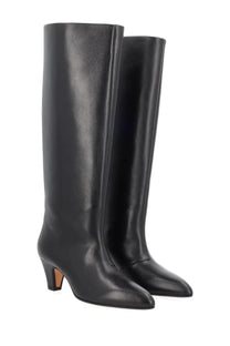 Bally women’s boot Alva black sleek minimalist black leather knee-high boots with low block heel