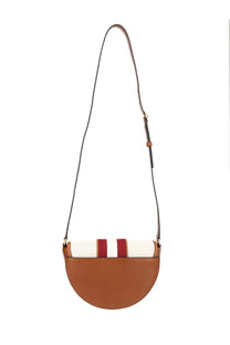 Bally women’s borsa sign round white brown leather half-moon crossbody bag with white and red striped canvas panel