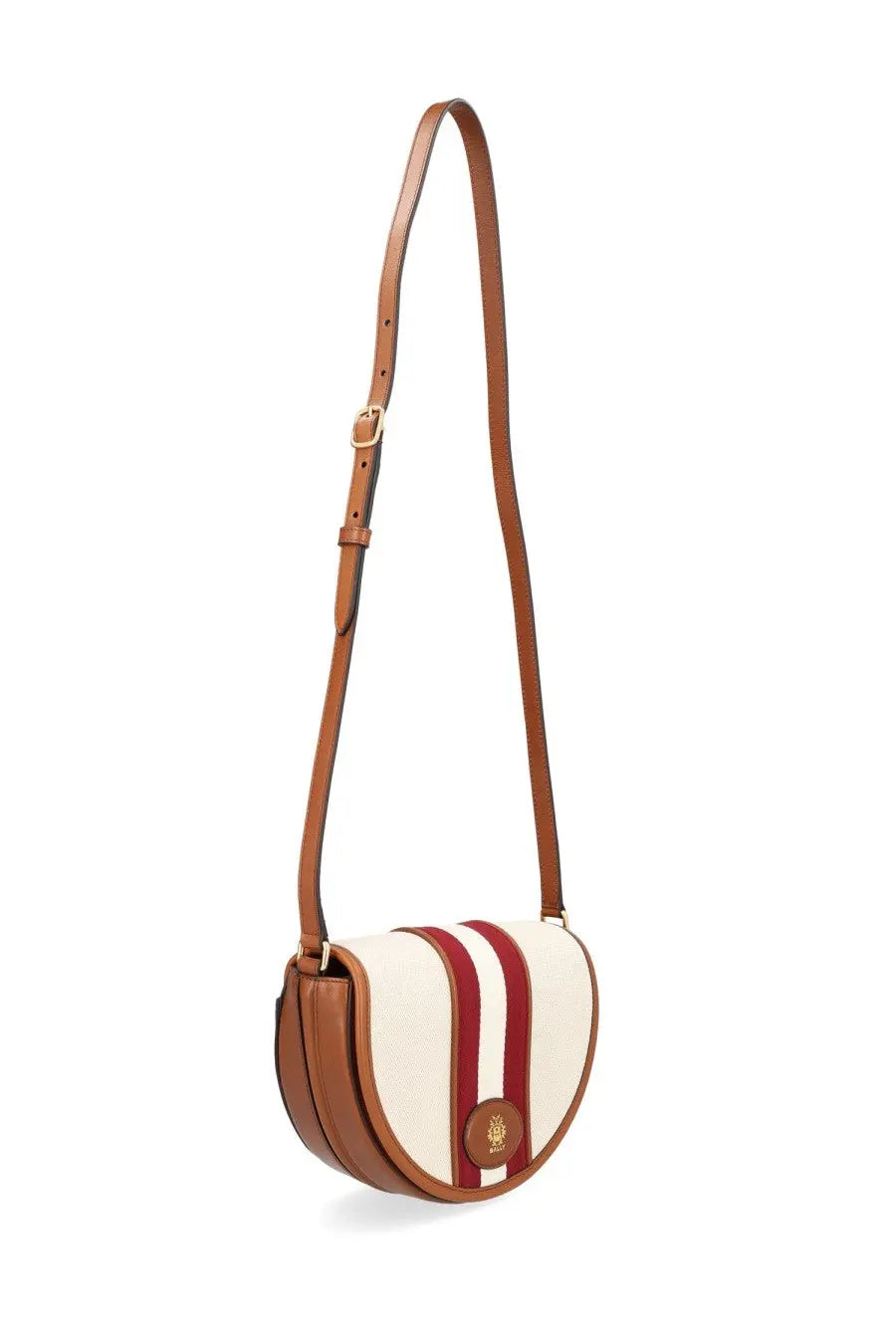 Bally women’s borsa sign round white cream leather satchel with bold red stripes brown strap and gold logo plaque