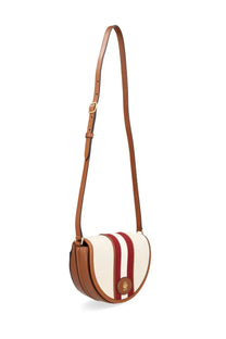 Bally women’s borsa sign round white cream leather satchel with bold red stripes brown strap and gold logo plaque