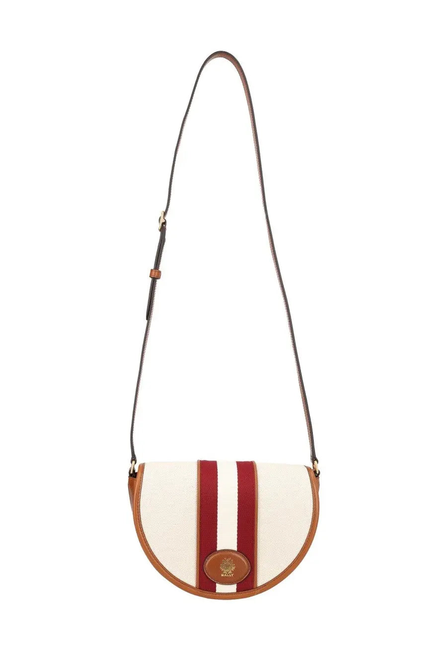 Bally women’s borsa sign round white cream saddle bag with red white stripes tan leather trim and gold logo plaque