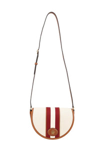 Bally women’s borsa sign round white cream saddle bag with red white stripes tan leather trim and gold logo plaque