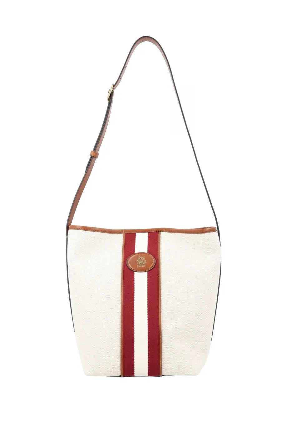 Bally women’s borsa sign white cream canvas shoulder bag with red white stripes brown leather trim and brass logo plaque