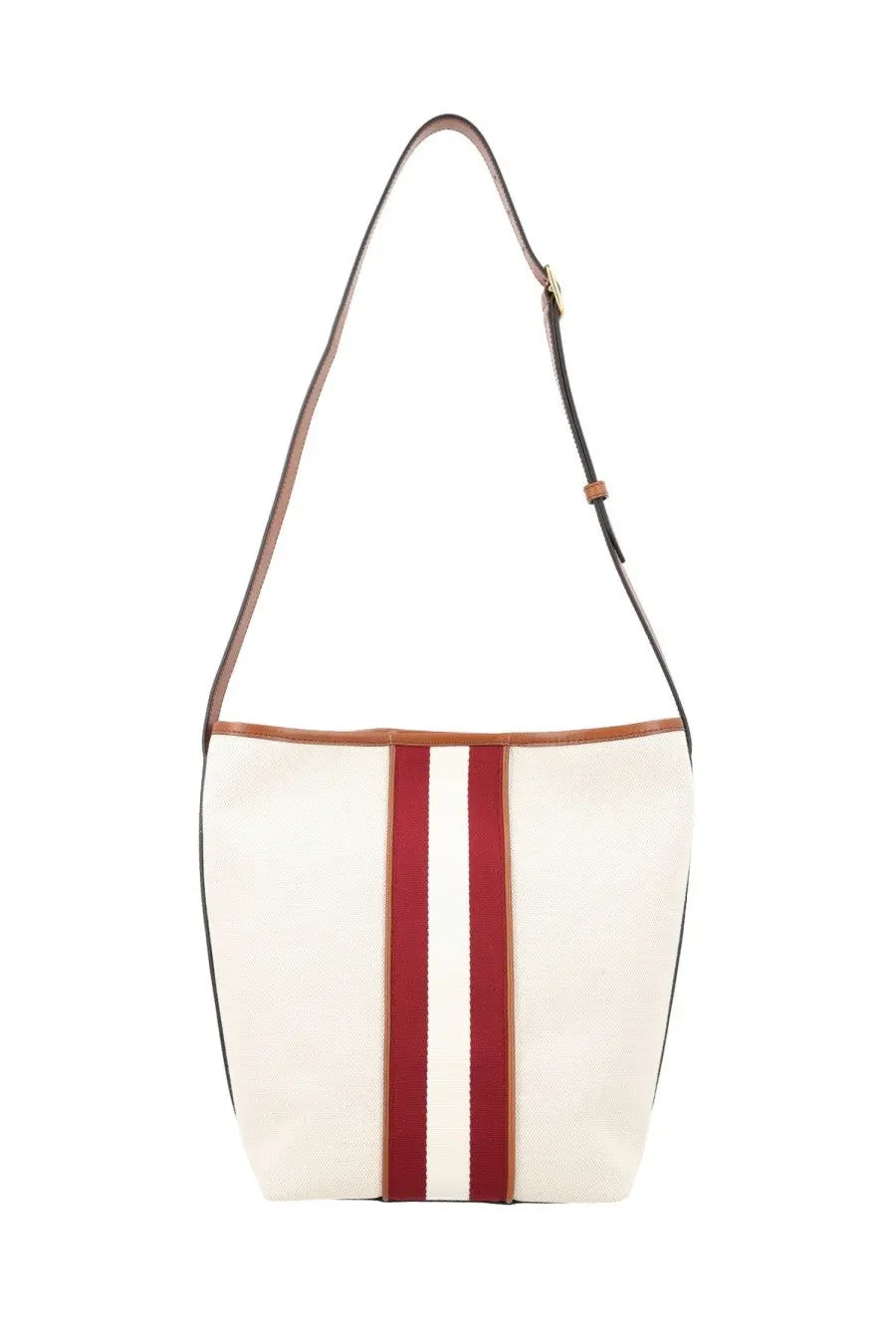 Bally women’s borsa sign white cream canvas shoulder bag with red white stripes and brown leather trim and strap