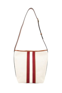 Bally women’s borsa sign white cream canvas shoulder bag with red white stripes and brown leather trim and strap