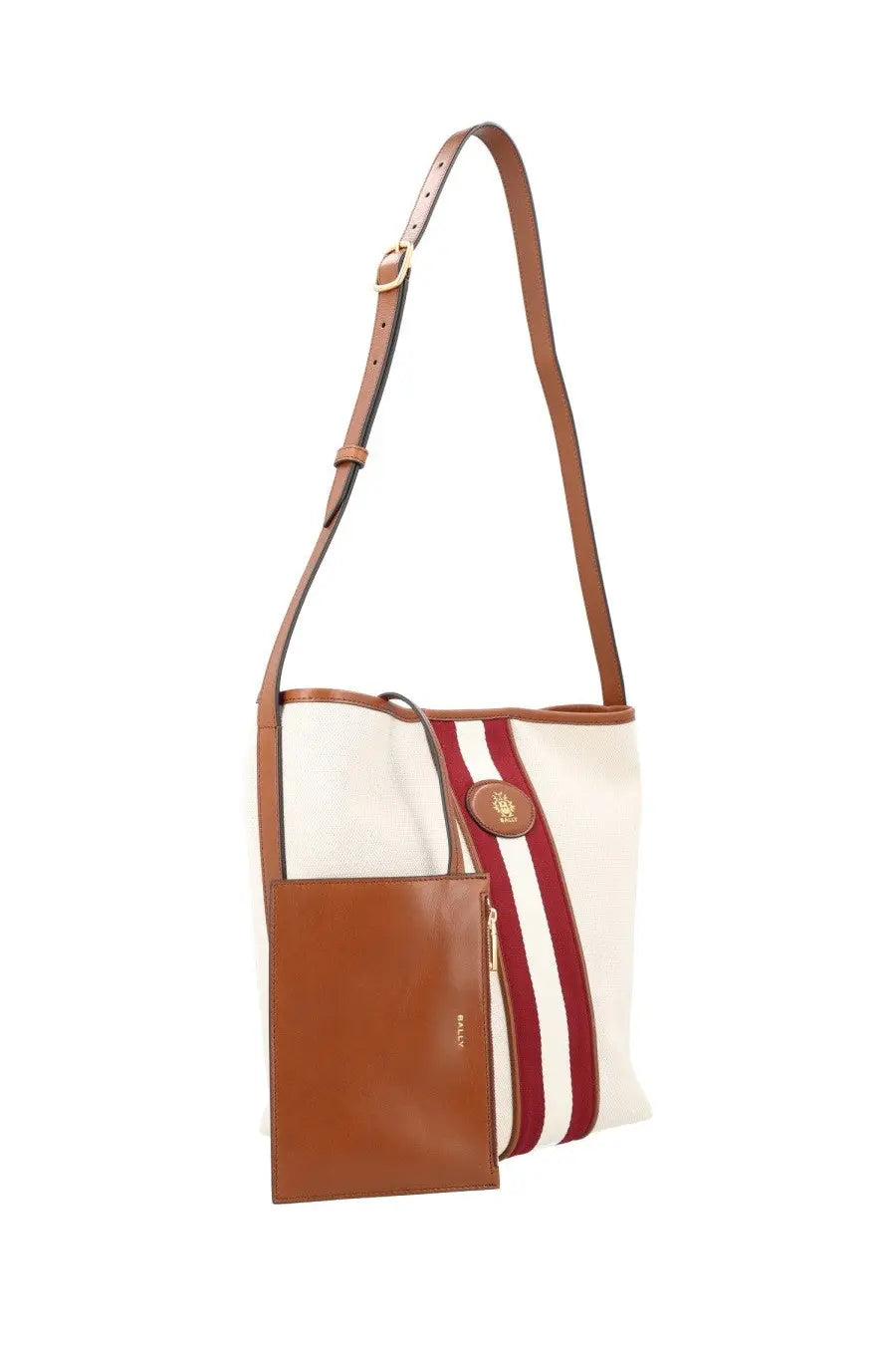 Bally women’s borsa sign white cream canvas tote bag with bold red stripes tan leather trim and pouch front detail