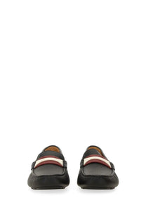 Black leather loafers for women by Bally featuring a burgundy and white striped strap across the toe