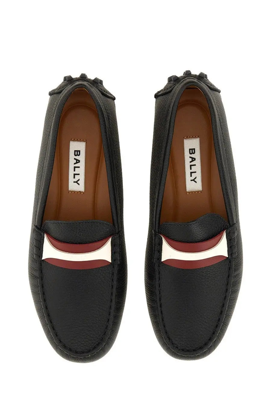 Bally women’s driver kerbs black leather loafers with red and white striped detail across the vamp