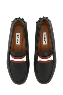 Bally women’s driver kerbs black leather loafers with red and white striped detail across the vamp