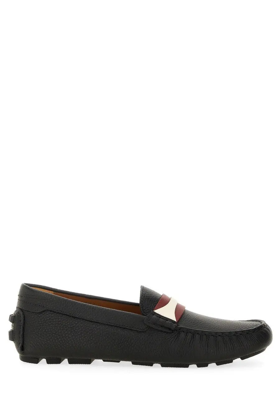 Bally women’s driver kerbs black leather loafers with a contrasting red and white stripe across the vamp