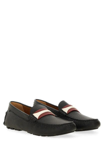 Bally women’s driver kerbs black leather loafers with white and burgundy striped detail across the vamp