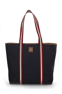 Navy blue canvas Bally women eb ribbon tote bag with red and white striped handles and brown leather patch